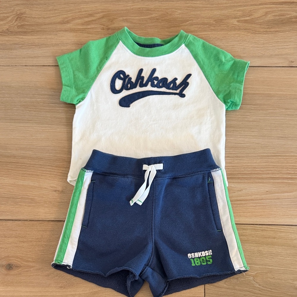 OshKosh Bgosh Boys 12M Raglan Tee and Fleece Shorts 2 Piece Set Blue Green White